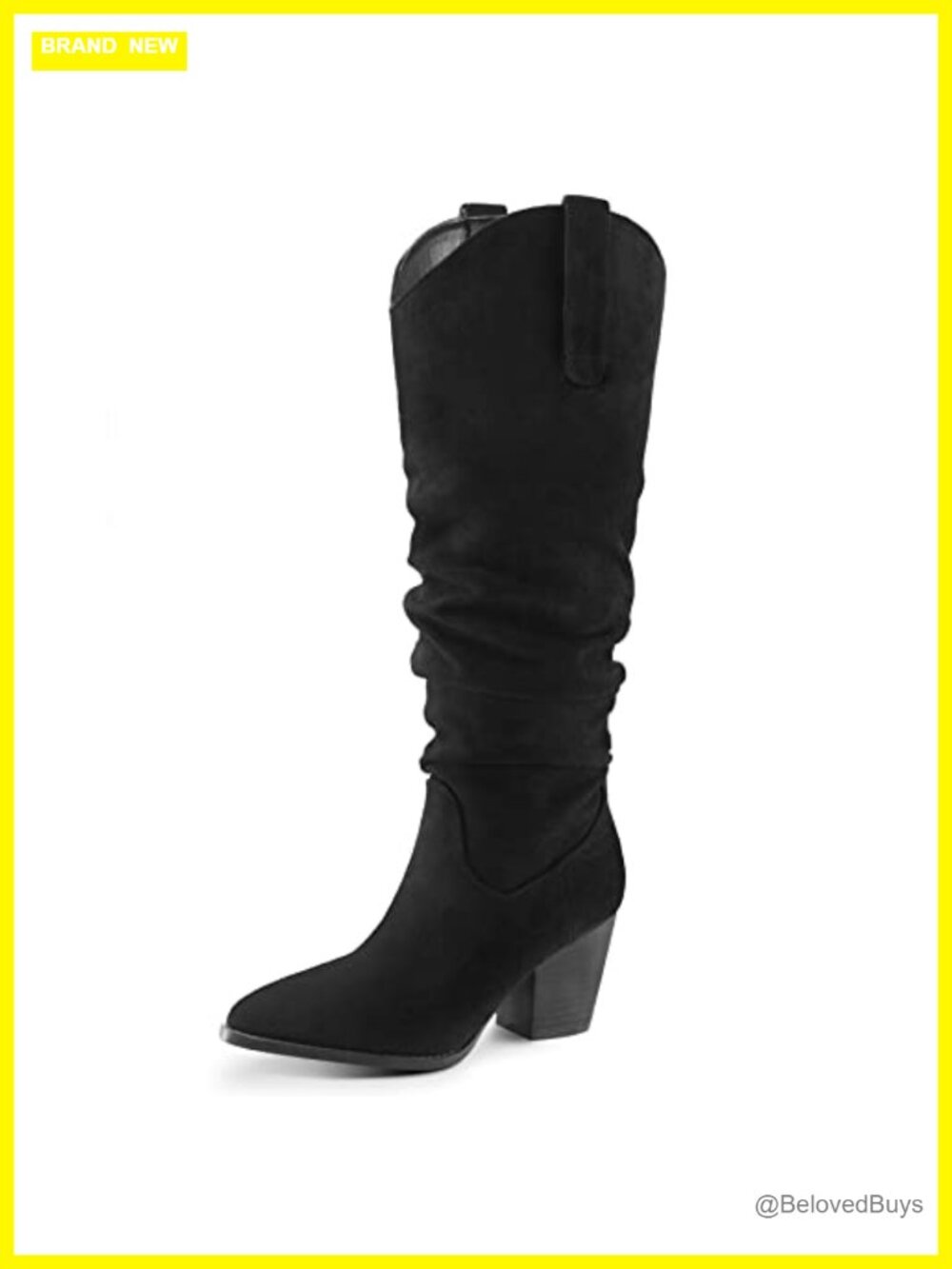 Slouchy Knee High Boots Pointed Toe Faux Suede Block Heel Western